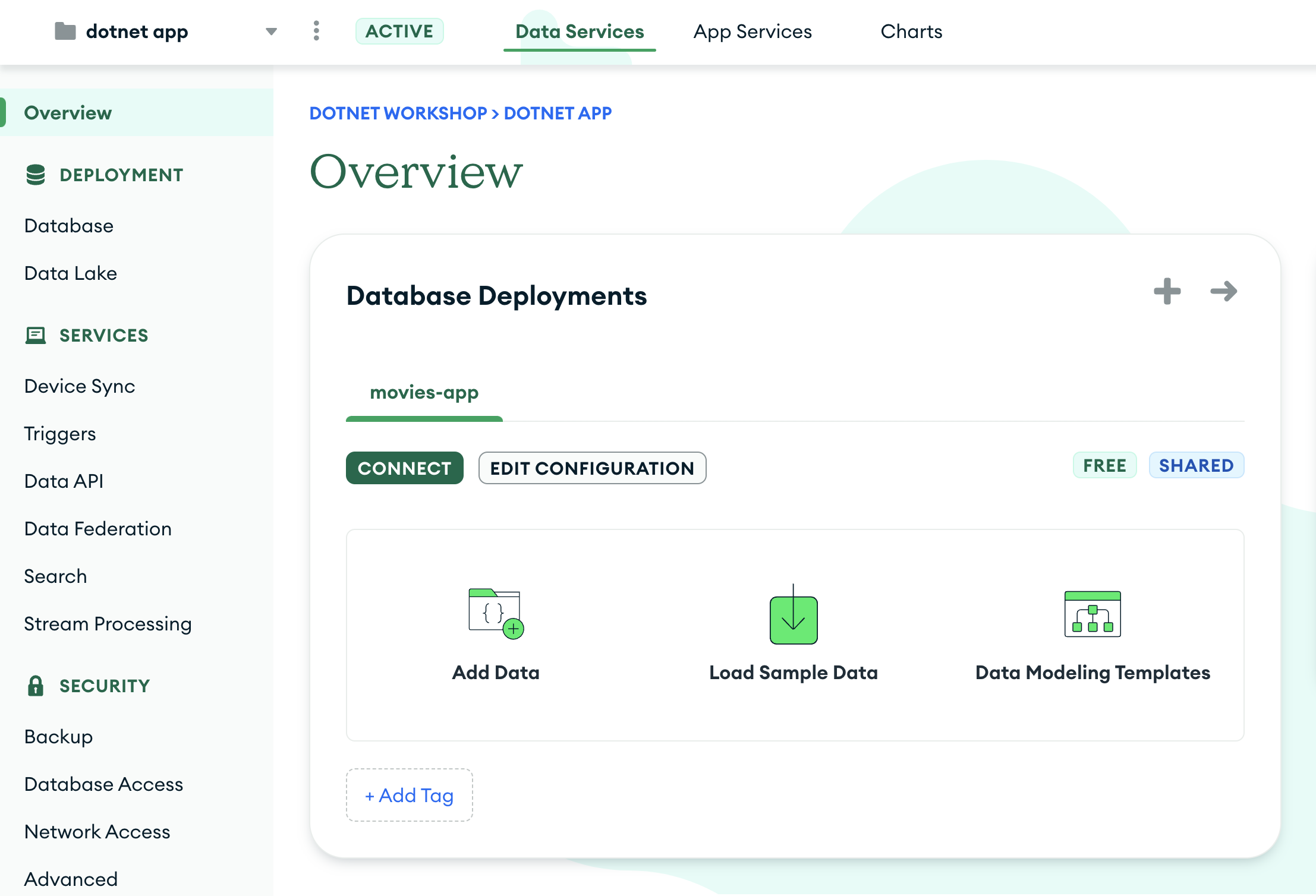 The 'Database Deployments' page with a cluster named 'Workshop-Bakery'