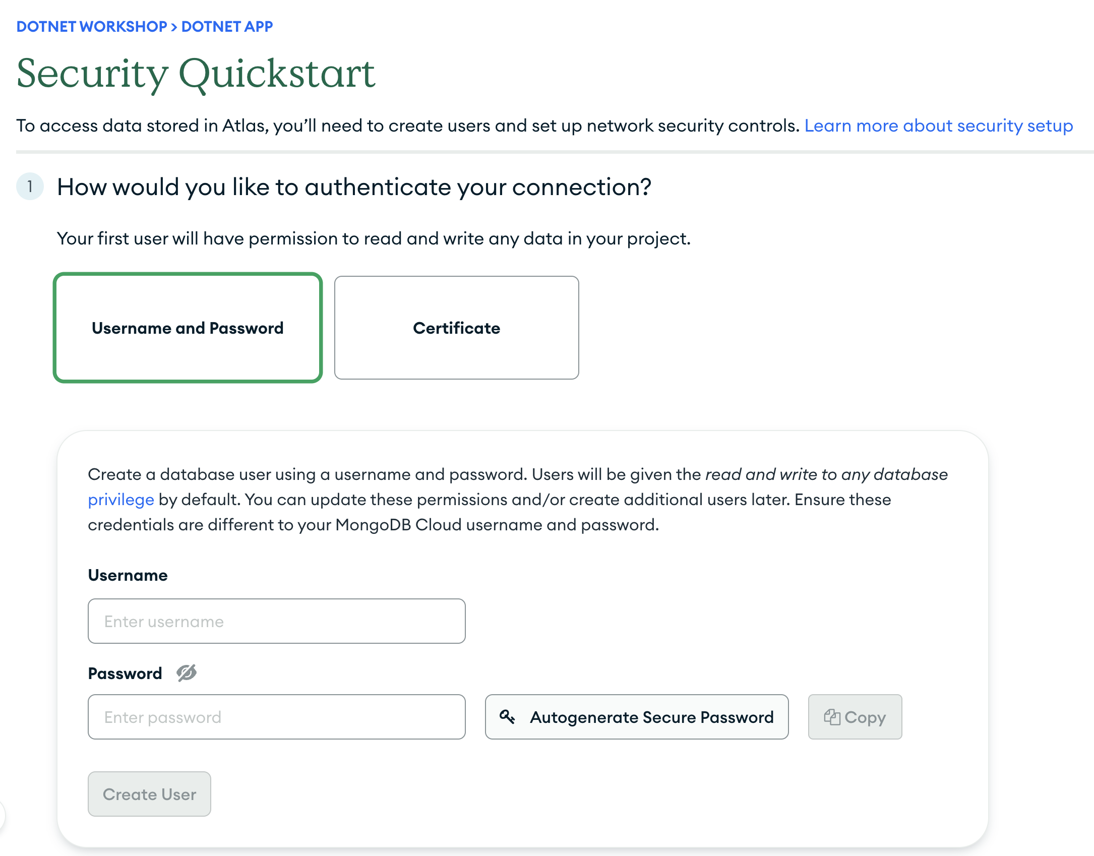 Security quickstart page highlighting the 'Database' tab in the left-hand menu