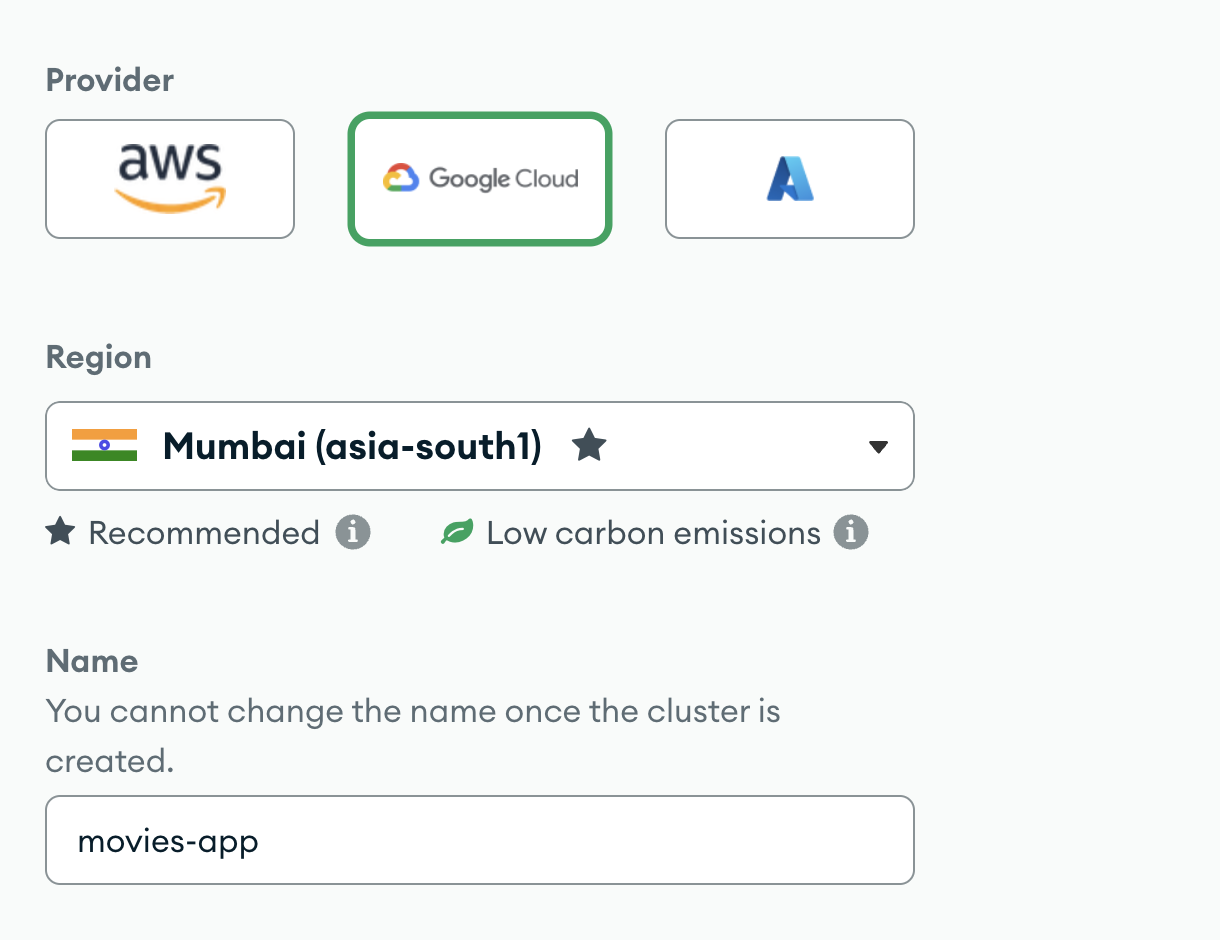 Cluster configuration showing Azure selected as cloud provider, 'Mumbai (asia-south)' as region, and 'Workshop-Bakery' as name for the cluster.