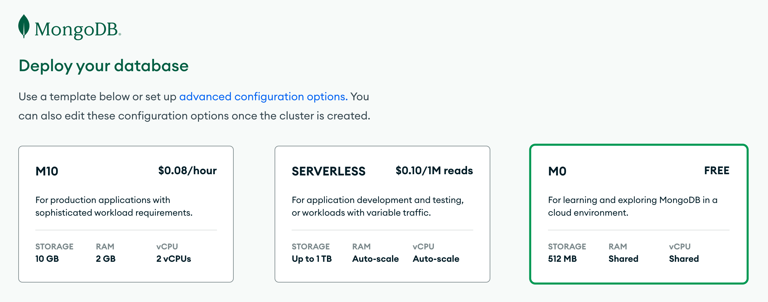 Cluster tier selection highlighting the M0 tier